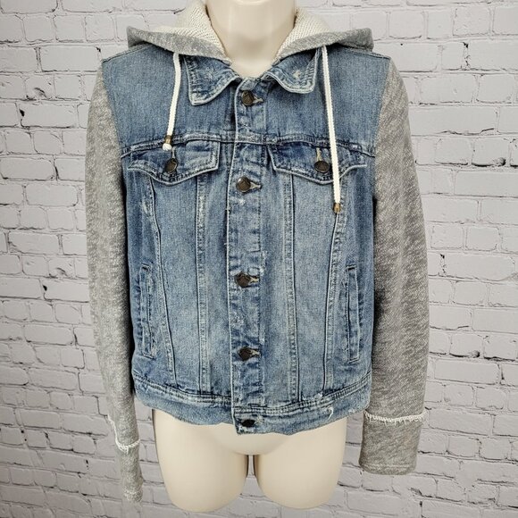 Free People Blue Denim Distressed Removable Knit Hood Jean Jacket Size Small S - Picture 1 of 14